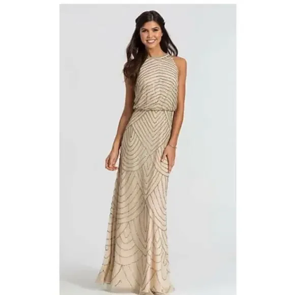 Adrianna Papell Petite Art Deco Beaded Blouson Dress With Halter Neckline, Nude, Size: 8